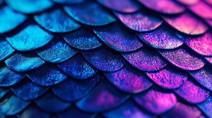 Fototapeta premium A macro shot of colorful scales with reflective surfaces, glowing gradient from blue to purple, futuristic style, enhanced digital texture, soft holographic light effects