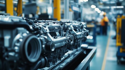 Fototapeta premium Automotive factory. Workers assembling car engines. Highlighting precision engineering and teamwork in automotive manufacturing. Ideal for automotive industry reports.