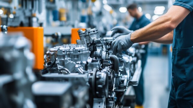 Automotive factory. Workers assembling car engines. Highlighting precision engineering and teamwork in automotive manufacturing. Ideal for automotive industry reports.