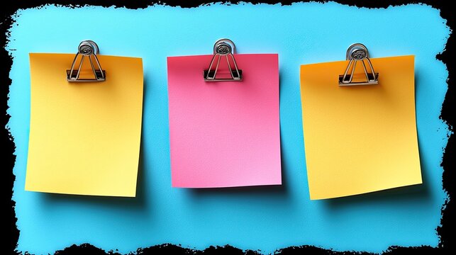 Colorful sticky notes clipped to a blue background, ideal for organization and reminders