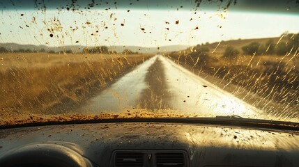 View from car windshield on muddy road with sunset backdrop