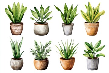 Fototapeta premium Watercolor Houseplants Collection Potted Plants Indoor Greenery