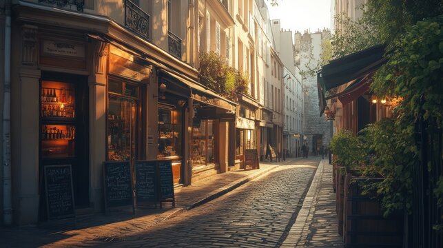 Charming cobblestone street in Paris with warm evening light