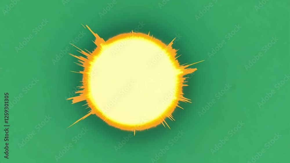 Poster bright animation of a glowing explosive object transitioning through dynamic shapes against a green 