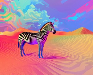 Fototapeta premium A monochrome zebra in a vibrant multicolored desert, geometric dunes shifting hues, clear sky with abstract cloud designs, digital surrealism