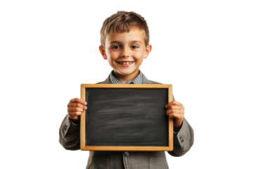School boy with glasses holding a blank chalkboard with a smile isolated on white or transparent, PNG