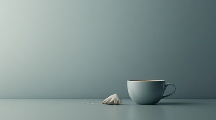 Teacup, teabag, minimalist, blue background, calm mood, website banner