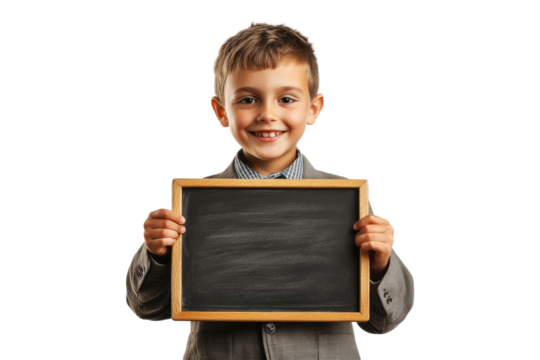 School boy with glasses holding a blank chalkboard with a smile isolated on white or transparent, PNG