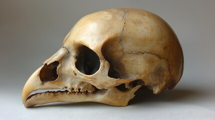 Detailed view of a bird skull showcasing intricate bone structure against a neutral background