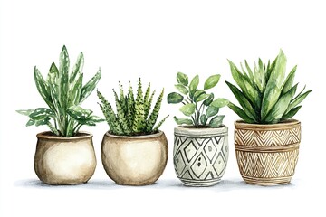 Fototapeta premium Watercolor Houseplants in Pots Home Decor Greenery