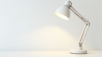 White desk lamp illuminates a minimalist workspace.