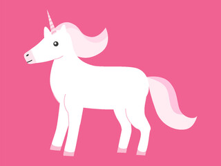 Flat cartoon illustration of a white unicorn with a pink mane and horn on a solid pink background. A minimal vector design for fairytale, kids decor, fantasy themes, or storytelling visuals