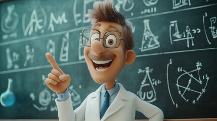 Happy cartoon scientist with glasses pointing at chalkboard ideas