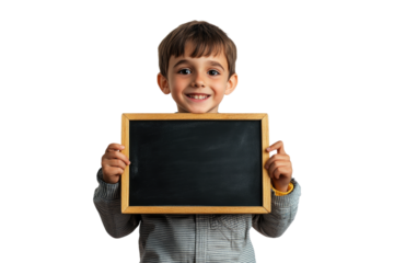 School boy with glasses holding a blank chalkboard with a smile isolated on white or transparent, PNG