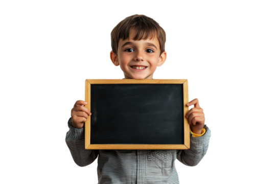 School boy with glasses holding a blank chalkboard with a smile isolated on white or transparent, PNG