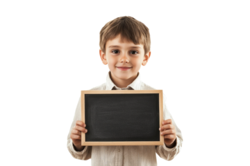 School boy with glasses holding a blank chalkboard with a smile isolated on white or transparent, PNG