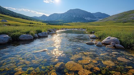 Fototapeta premium Serene mountain landscape with a flowing stream reflecting sunlight amidst lush greenery