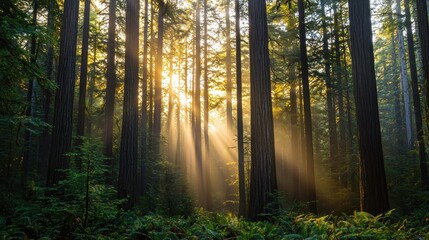 Ethereal Sunlight Filtering Through Dense Forest Trees at Dawn