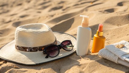 Sombrero, gafas y protector solar sobre arena