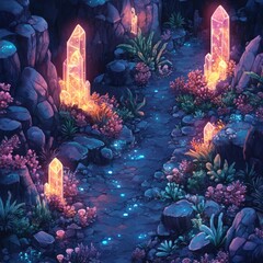 Fototapeta premium Enchanted Cave Pathway with Glowing Crystals and Lush Flora