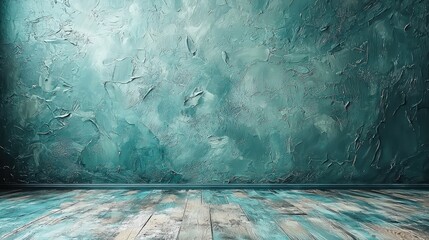 Textured turquoise wall and wooden floor creating a serene and artistic interior space