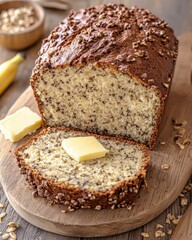 Freshly Baked Banana Bread with Oats and Butter Slice on Wooden Board