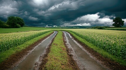 Obraz premium Serene Countryside Landscape: Stormy Sky Over Lush Cornfields and a Muddy Road. A picturesque rural scene, evoking tranquility and the beauty of nature's power.