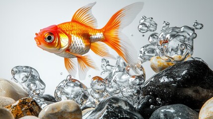 A vibrant goldfish swims amidst bubbles and stones, showcasing its shimmering scales and lively movement in a clear aquatic environment.