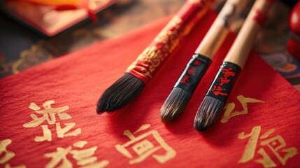 Fototapeta premium Traditional Chinese Calligraphy Brushes and Red Silk Background
