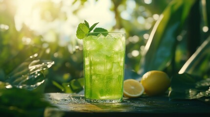 Fototapeta premium Refreshing Green Mint Lemonade in a Summer Garden