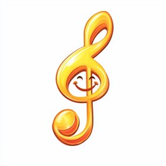 Cheerful Golden Treble Clef Character with a Smiling Face and Playful Expression Against a White Background