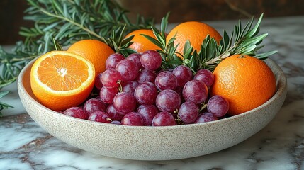 A bowl of oranges grapes and rosemary