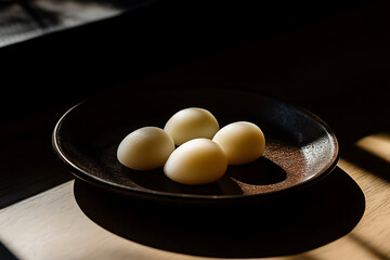 A visually stunning close-up of dango, served on a dark-toned marble surface, with gentle highlights adding a luxurious ambiance.  