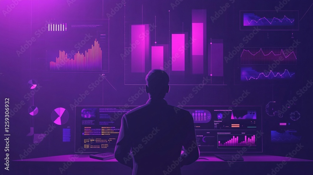 Poster Businessman analyzing graphs and charts on computer screens