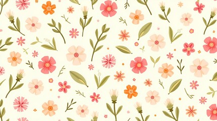 Seamless Floral Pattern with Colorful Pink, Orange, and Red Flowers and Green Leaves on Light Cream Background – Vibrant and Cheerful Design for Textiles, Wallpapers, Decorative Prints, Fashion Fabric