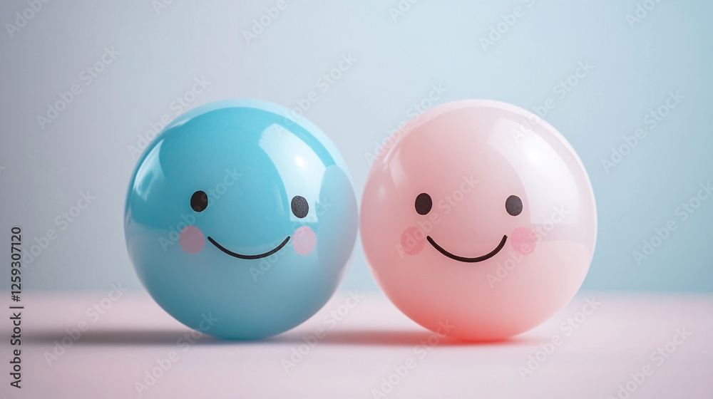 Poster two glossy spheres smiling and showing happiness on pink background