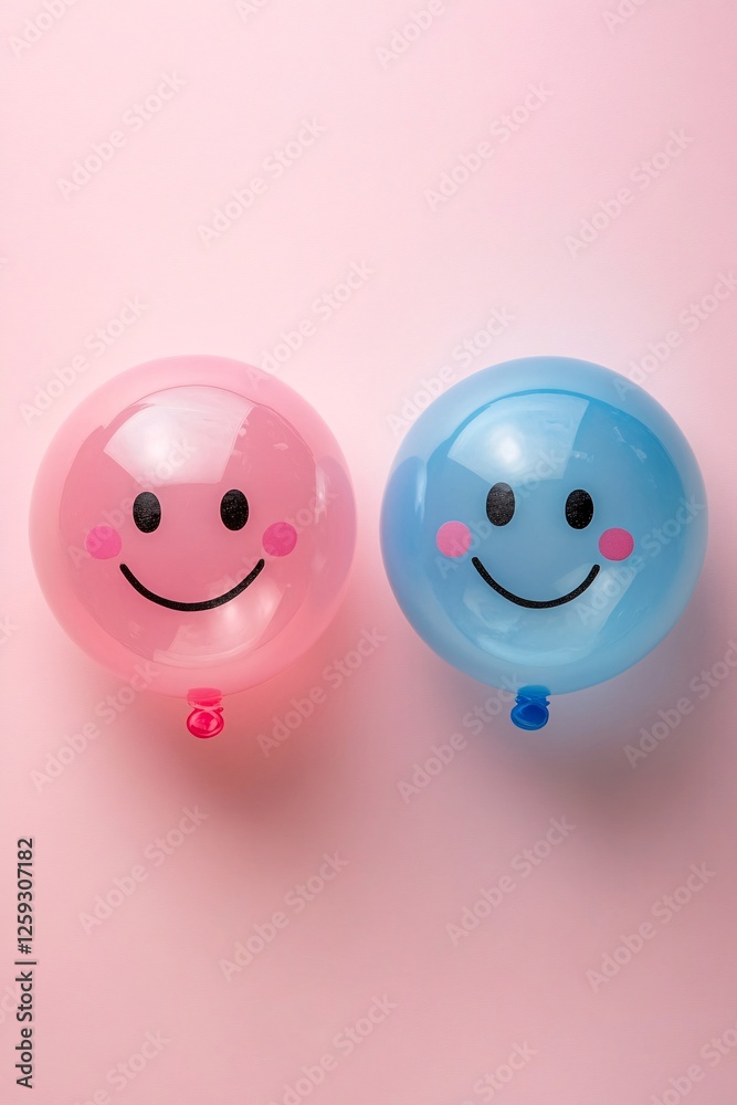 Poster two smiling balloons floating on pink background