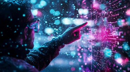 Broadcast scene of a weather presenter pointing at an advanced digital map with animated snowfall, icy patterns glowing on roads, cyberpunk aesthetic, purple and teal tones