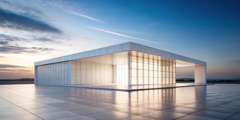 Fototapeta premium Modern architectural design of a pavilion with large glass windows at sunset