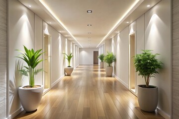 Fototapeta premium Serene Indoor Corridor with Elegant Potted Plants and Warm Lighting