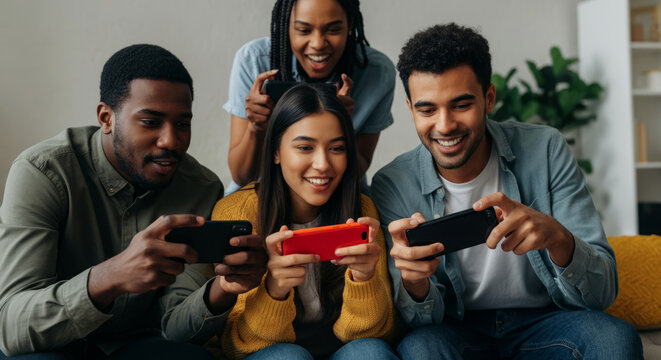 A group of people are sitting on a couch and playing video games on their phones