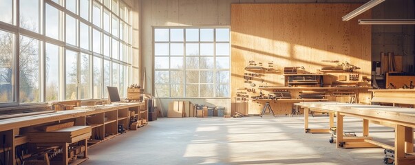 Spacious woodworking shop with panoramic windows, raw wooden textures, and cozy ambiance perfect for showcasing craftsmanship and creativity