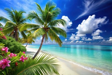 Fototapeta premium Tropical Paradise Lush Palms, Vibrant Flowers, and a Pristine Beach with Turquoise Waters Under a Sunny Sky