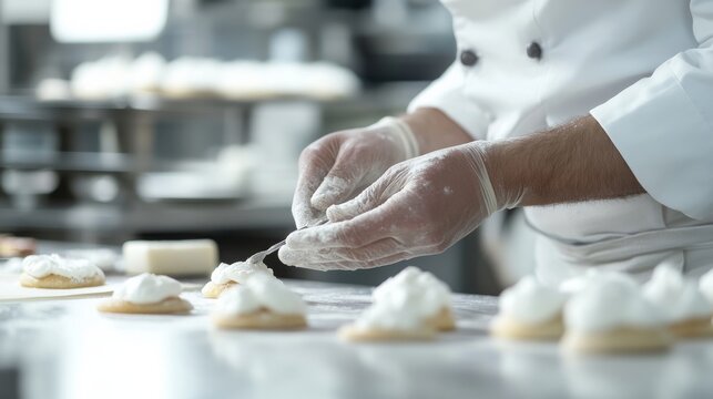 Chef baking pastries in a bakery. Wearing a chef鈥檚 uniform and using baking tools. Emphasizing pastry making techniques and bakery environment. Suitable for culinary arts presentations.