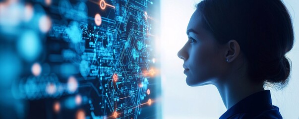 Businesswoman looking at futuristic hologram interface displaying big data information