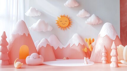 Playful mountain scene, sun, clouds, child's room, backdrop