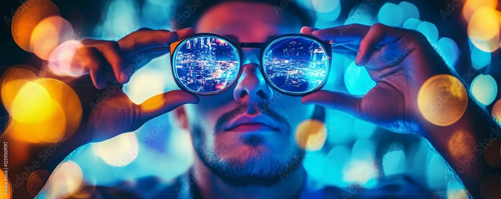 Poster man using augmented reality glasses showing cityscape at night