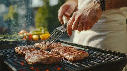 Chef grilling meat on a barbecue. Wearing a chef's apron and a toque. Emphasizing barbecue skills and outdoor cooking. Ideal for cooking blogs.