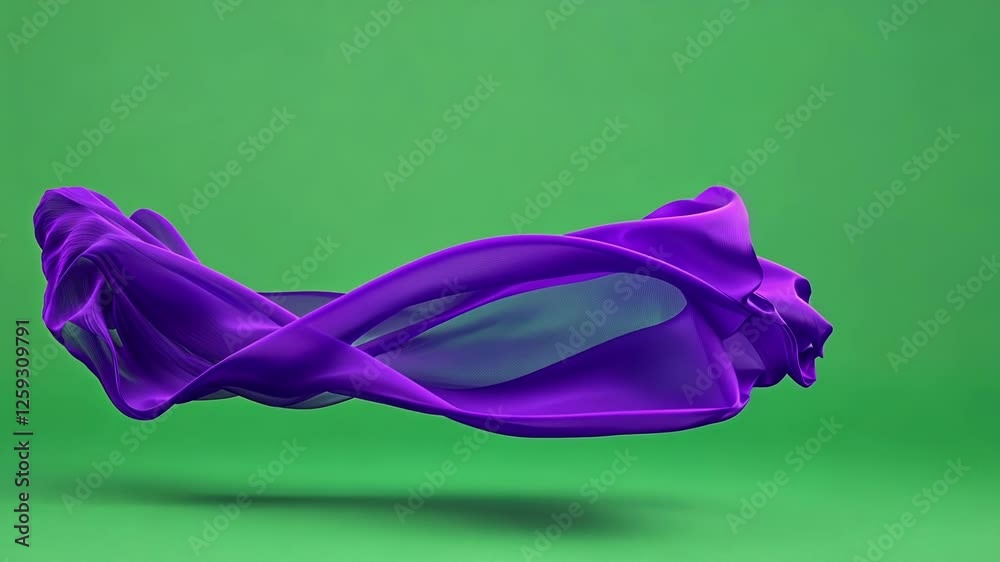 Poster purple cloth is floating and waving on a green screen background, creating a mesmerizing visual effe