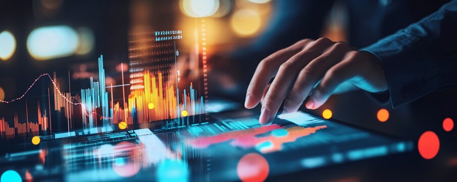 Businessman analyzing financial data on futuristic holographic interface - Powered by Adobe